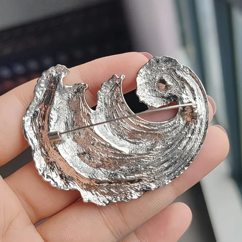 Ocean Wave Crystal Brooch Blue Rhinestone Statement Pin Coastal Jewelry